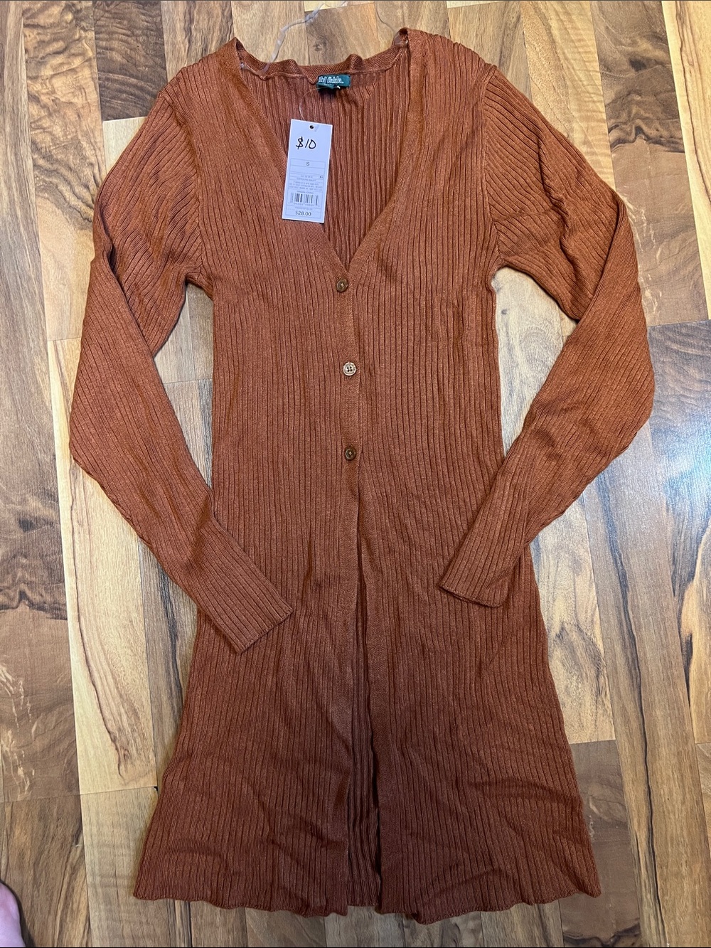 wild fable Rust Ribbed Button-Front Long Cardigan